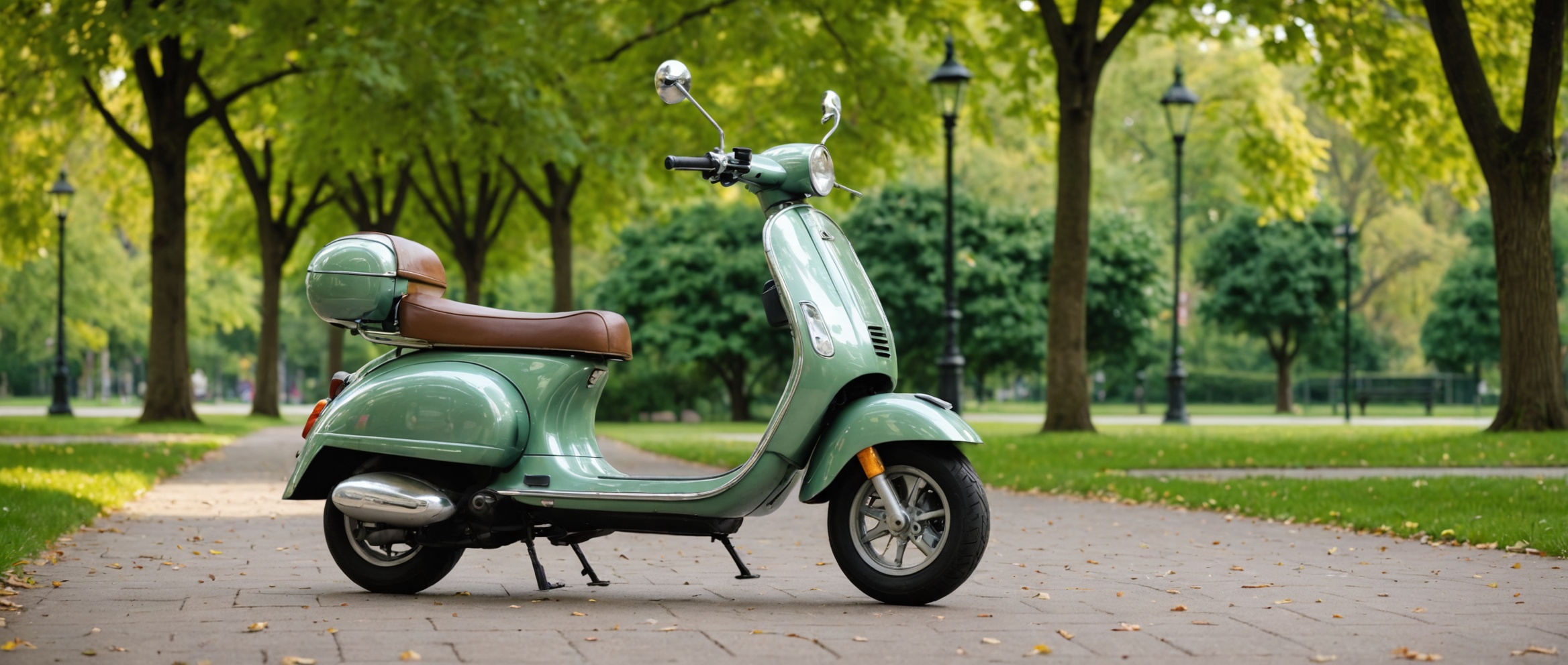 Зеленый скутер Vespa с коричневым сиденьем на осенней аллее в парке.